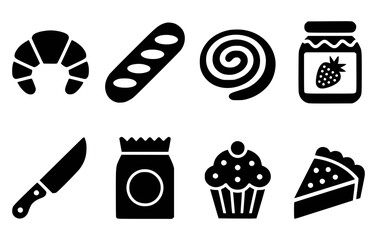Baked goods and kitchen utensils icons croissant bread