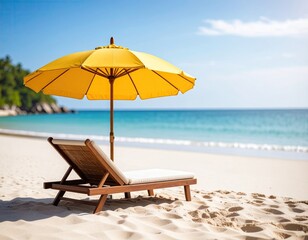 Sunny beach scene with yellow umbrella and lounge chair