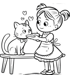 Girl Feeding Pet Cat Silhouette – Cute Child and Kitten Vector Icon Pet Care Love – Girl Feeding Cat Black Silhouette Design