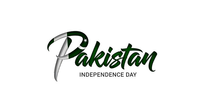 The word pakistan is elegantly written in a script font, incorporating the national flag colors, alongside independence day text - Powered by Adobe