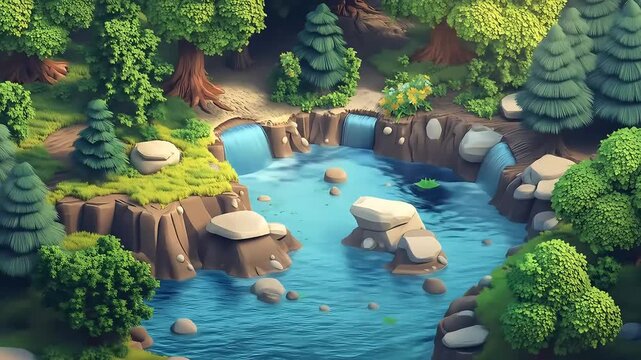 Low poly forest scene with a river and waterfall.