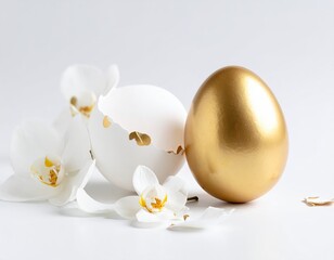 Gold egg beside cracked white egg, with orchids