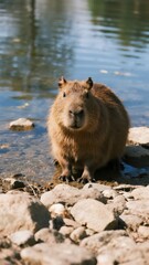 Obraz premium Close-up of a capybara standing near the water's edge, looking directly at the camera with gentle eyes and textured fur, surrounded by rocks and the serene blue of the pond .
