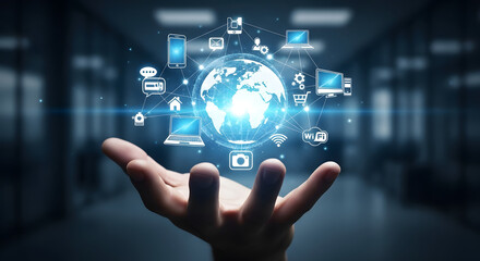 Fototapeta premium Hand Holding Global Network of Digital Devices and Icons