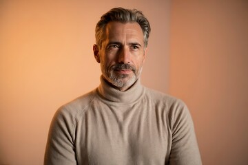 Obraz premium Man with salt and pepper hair and beige sweater, portrait.
