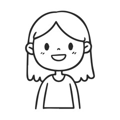 Smiling female child cartoon character with long hair in black and white drawing