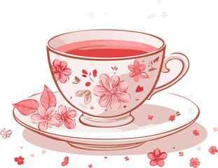 Vintage style teacup illustration with floral pattern, red line art on a soft pink background. Minimal and cozy design, perfect for tea-themed prints, stickers, or decor
