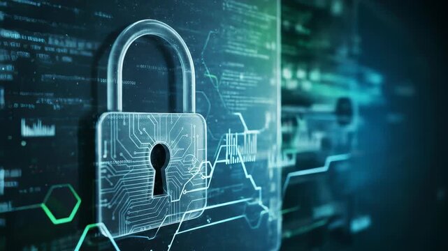 Digital padlock with circuit board pattern on secure server rack backdrop for data protection and cybersecurity information with graph animation.