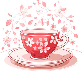 Vintage style teacup illustration with floral pattern, red line art on a soft pink background. Minimal and cozy design, perfect for tea-themed prints, stickers, or decor