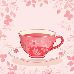 Vintage style teacup illustration with floral pattern, red line art on a soft pink background. Minimal and cozy design, perfect for tea-themed prints, stickers, or decor