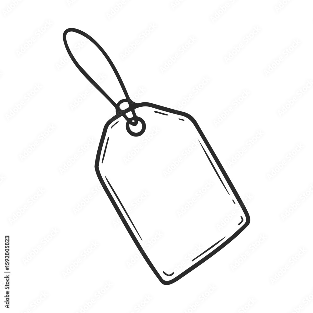 Poster simple black and white sketch of a blank luggage tag with string attachment