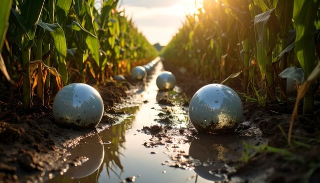 Surreal mysterious glowing spheres floating above a muddy path cutting through a dense cornfield during twilight in a strange eerie rural landscape.


