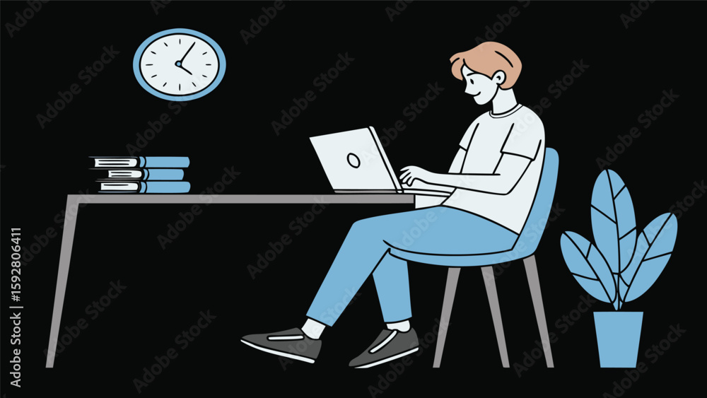 Aufkleber illustration of a person working at a desk possibly on a computer with design elements in cmyk color
