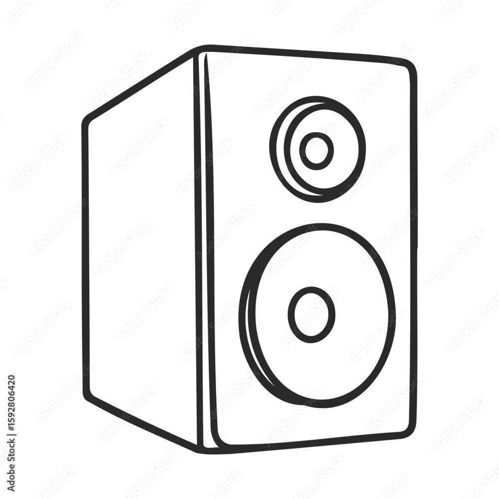 Poster black and white sketch of a rectangular speaker with two circular drivers