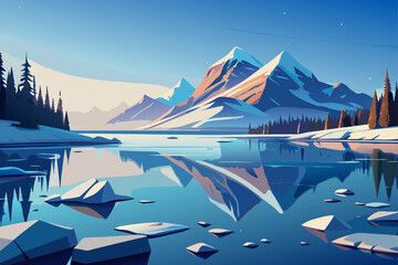Vector Cold Lake With Floating Ice Pieces And Mountains
