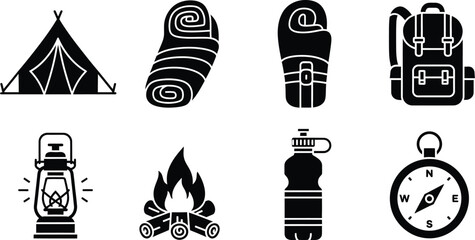 Collection of camping and outdoor adventure silhouette icons including tents campfires and nature elements isolated on white background silhouette