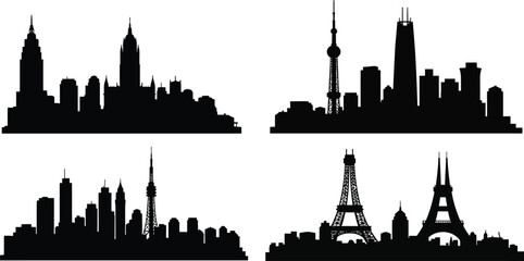 Naklejka premium A striking black silhouette of a city skyline with diverse architectural styles isolated on white background
