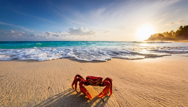 tropical beach sunrise turquoise sea waves hello summer in sand cute crab vacation concept ocean seascape travel beach holiday sunny coast nature relaxation - Powered by Adobe