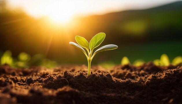 fresh sprout growing in rich soil symbolizing new life hope and sustainable agriculture bathed in warm sunlight