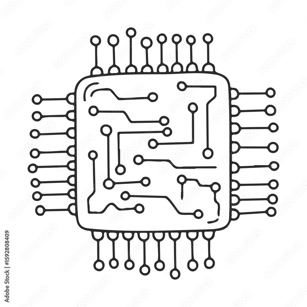 Poster black and white hand-drawn microchip design with circuit pattern