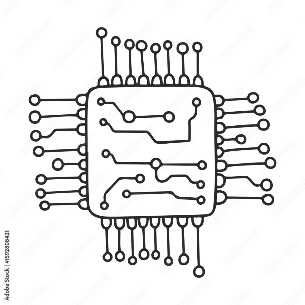 Poster hand-drawn microchip circuit design with connected lines and nodes