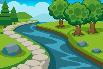 Obraz premium Vector Lakeside Stone Path With A Curved Grass Slope