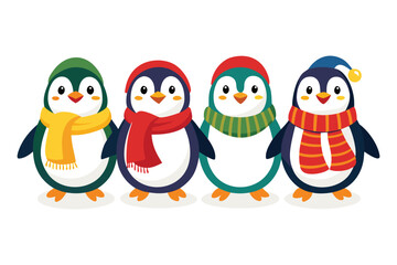 Fototapeta premium Four cute penguins wearing colorful winter scarves and hats