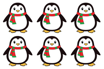 Fototapeta premium Six cartoon penguins wearing red and green striped scarves