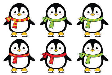 Fototapeta premium Six cute cartoon penguins wearing colorful scarves and ice skates