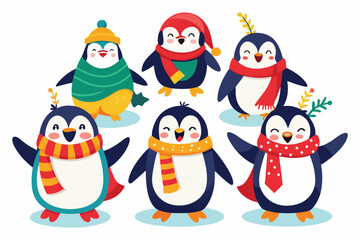 Fototapeta premium Six cute cartoon penguins wearing winter scarves and hats