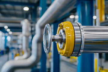 Industrial valve close-up. Shiny metal and vibrant yellow detail a pipe control. Precision engineering in a blue-toned facility.