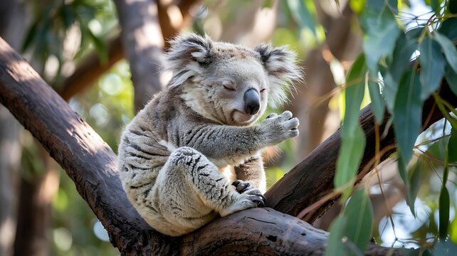 Peaceful Koala Resting on Tree Branch in Eucalyptus Forest