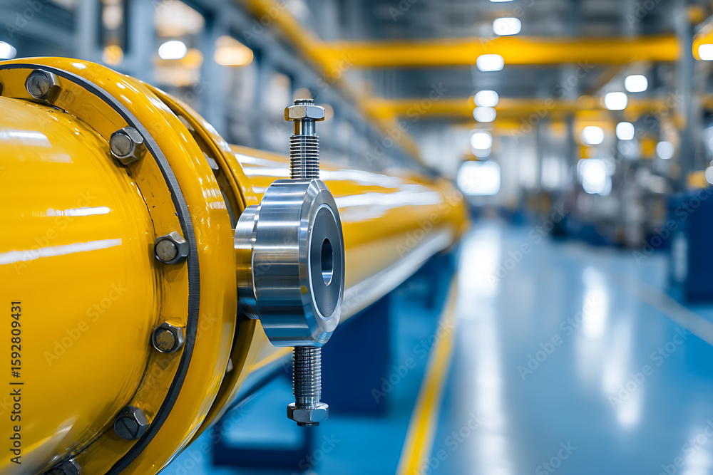 Poster industrial piping: yellow pipeline with bolted connections in a factory setting. focused on engineer