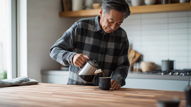 Man Pouring Coffee in Cozy Kitchen Reflecting Relaxed Morning Routine
