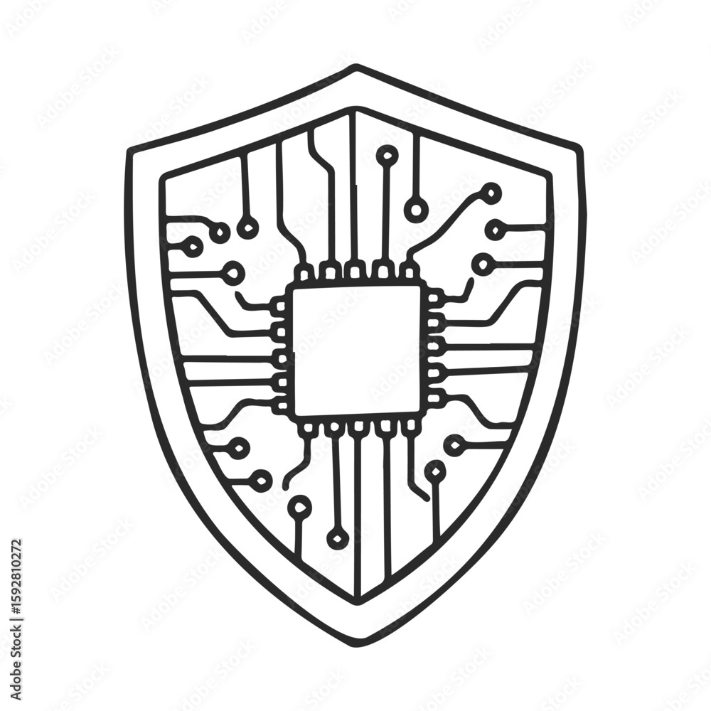 Poster circuit shield symbolizing digital protection with microchip and connection lines