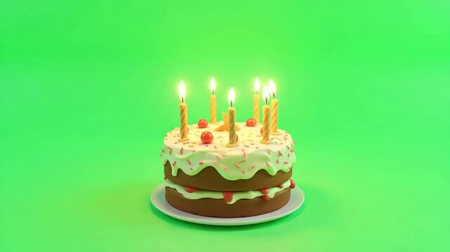 4K Delicious Birthday Cake with Lit Candles &ndash; Green Screen Clip