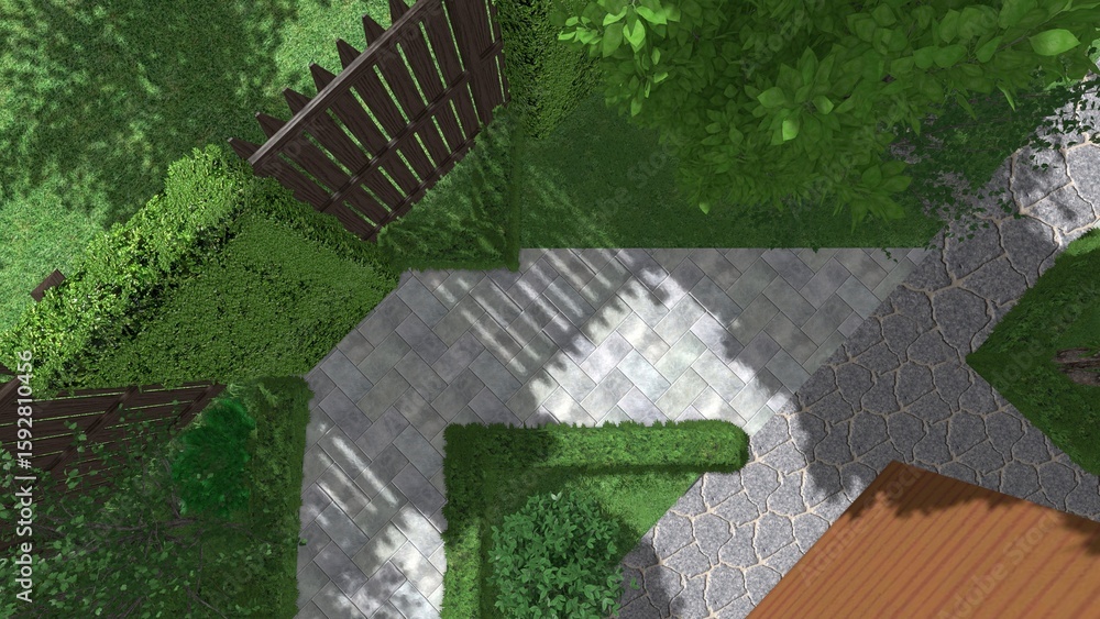 Poster 3d image of the landscape design of the home territory. landscaping of the territory. computer visua