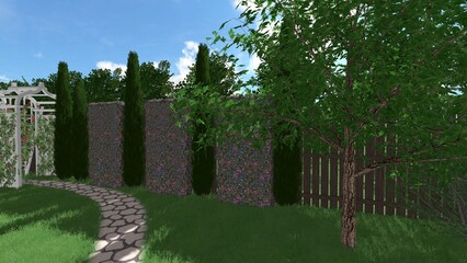 3d image of the landscape design of the home territory. Landscaping of the territory. Computer visualization of composite landscaping and landscaping solutions.