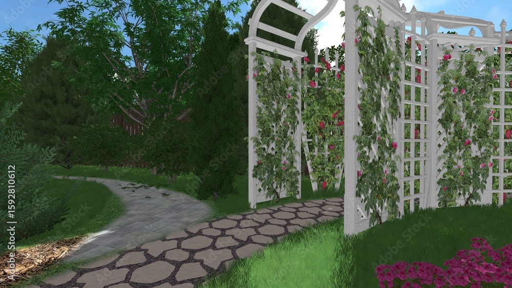 Aufkleber 3d image of the landscape design of the home territory. landscaping of the territory. computer visua