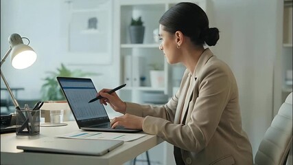 A business woman working efficiently at desk.
