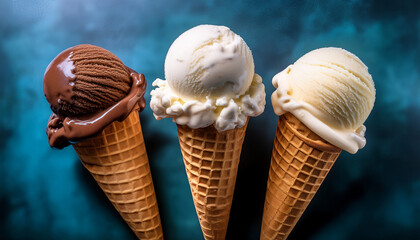 triple delight an artistic photograph showcases three delectable ice cream cones each boasting a unique flavor and charm that beckon the viewer
