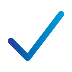 Blue positive vote button with checkmark accept complete task badge vector illustration. Success confirmation logotype keypad agree approved check mark. Done checkbox. Tick button emoji icon.