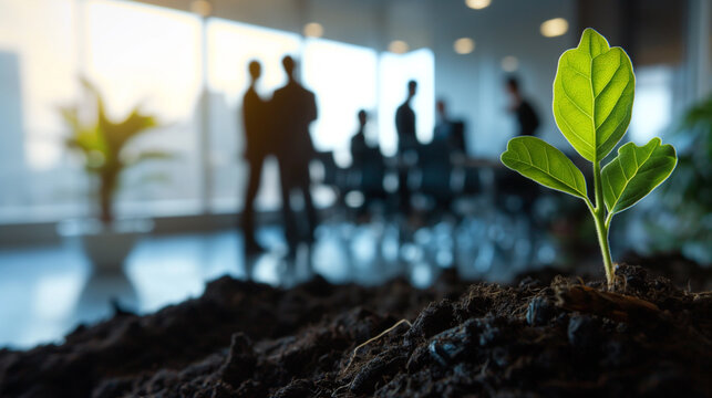 Sustainable business growth fostered by green initiatives and teamwork in modern office environment