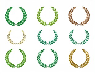 Nine laurel wreaths in varying shades of green and brown