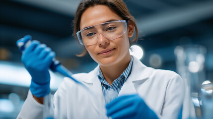 Scientist pipetting in laboratory with safety goggles and gloves
