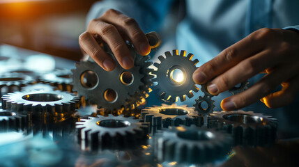 Close-up of hands assembling intricate metal gears illustrating mechanical engineering and complex systems