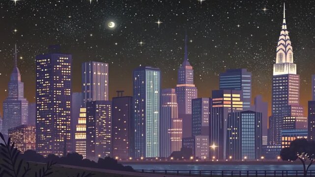 Animated Night Cityscape Skyline Metropolis Buildings Urban Nighttime Stars Moon City Lights Downtown Highrise Architecture Skyscrapers Modern Cityscape Evening Panorama Download