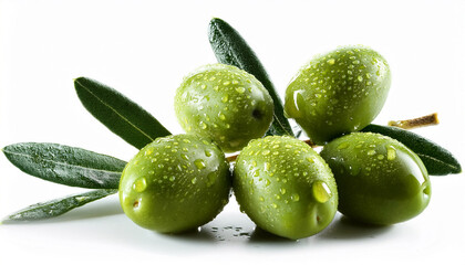 Obraz premium fresh green olives on branch with water droplets isolated