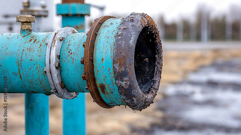 Poster weathered industrial pipe infrastructure showing signs of age and environmental wear with visible ru