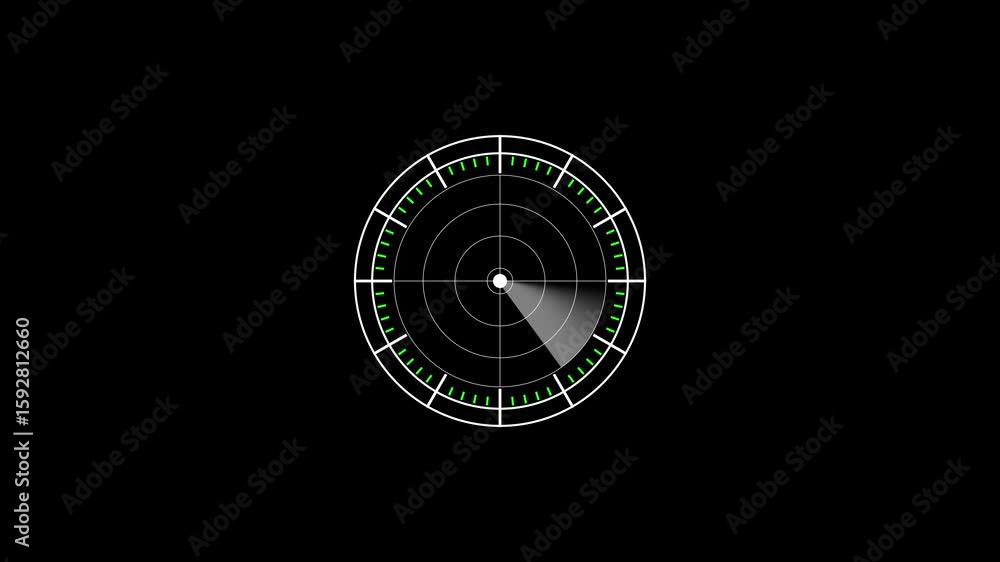 Poster radar scanning animation with digital hud interface and concentric circles sweeping for target detec